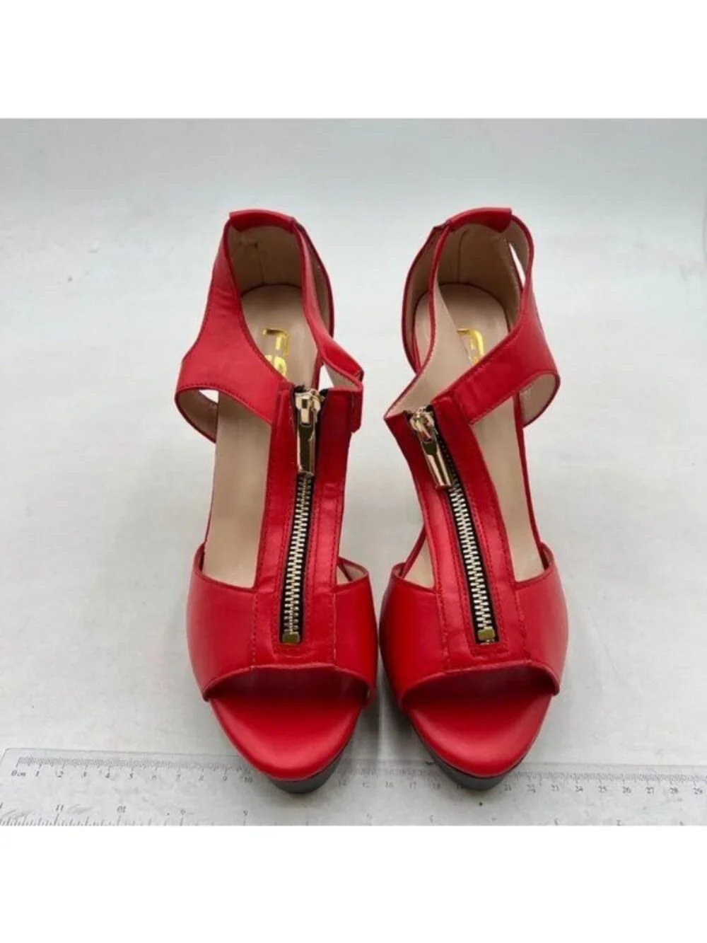 FSJ Women Peep Open Toe T-Strap Front Zipper Chunky Stacked High Heel Red Sandal